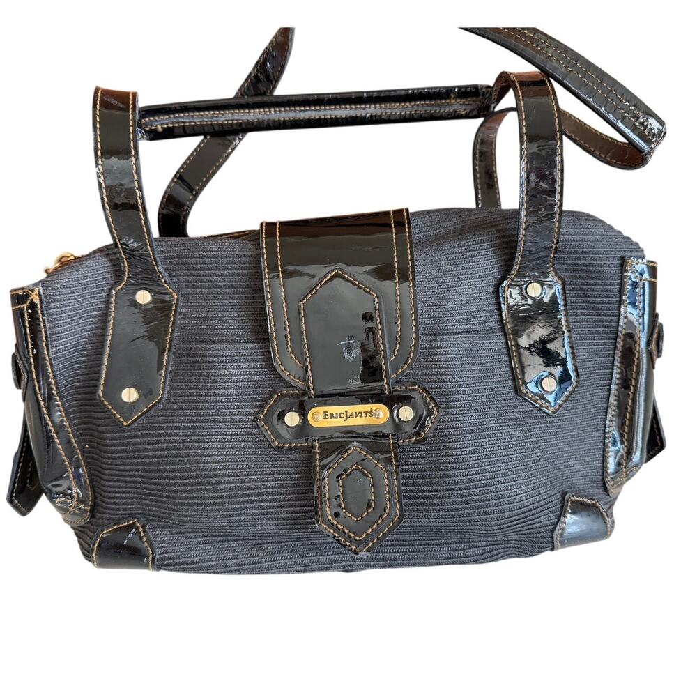 Eric Javits Black Straw Squishee Bag Patent Leather Trim *Flawed